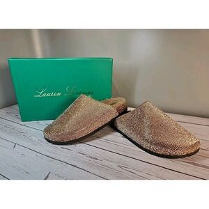 Lauren Lorraine Lizzy Womens Sz 6.5 Gold Rhinestone Clog Mule Faux Fur Cork